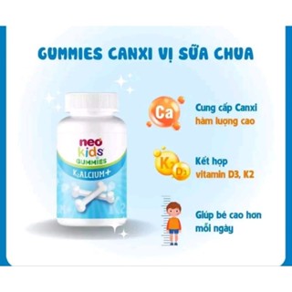 neo kids Gummies canxi vị sữa chua,bổ sung canxi,D3,K2 giúp con cao lớn hơn mỗi ngày,phát triển xương, răng.hộp 60 viên
