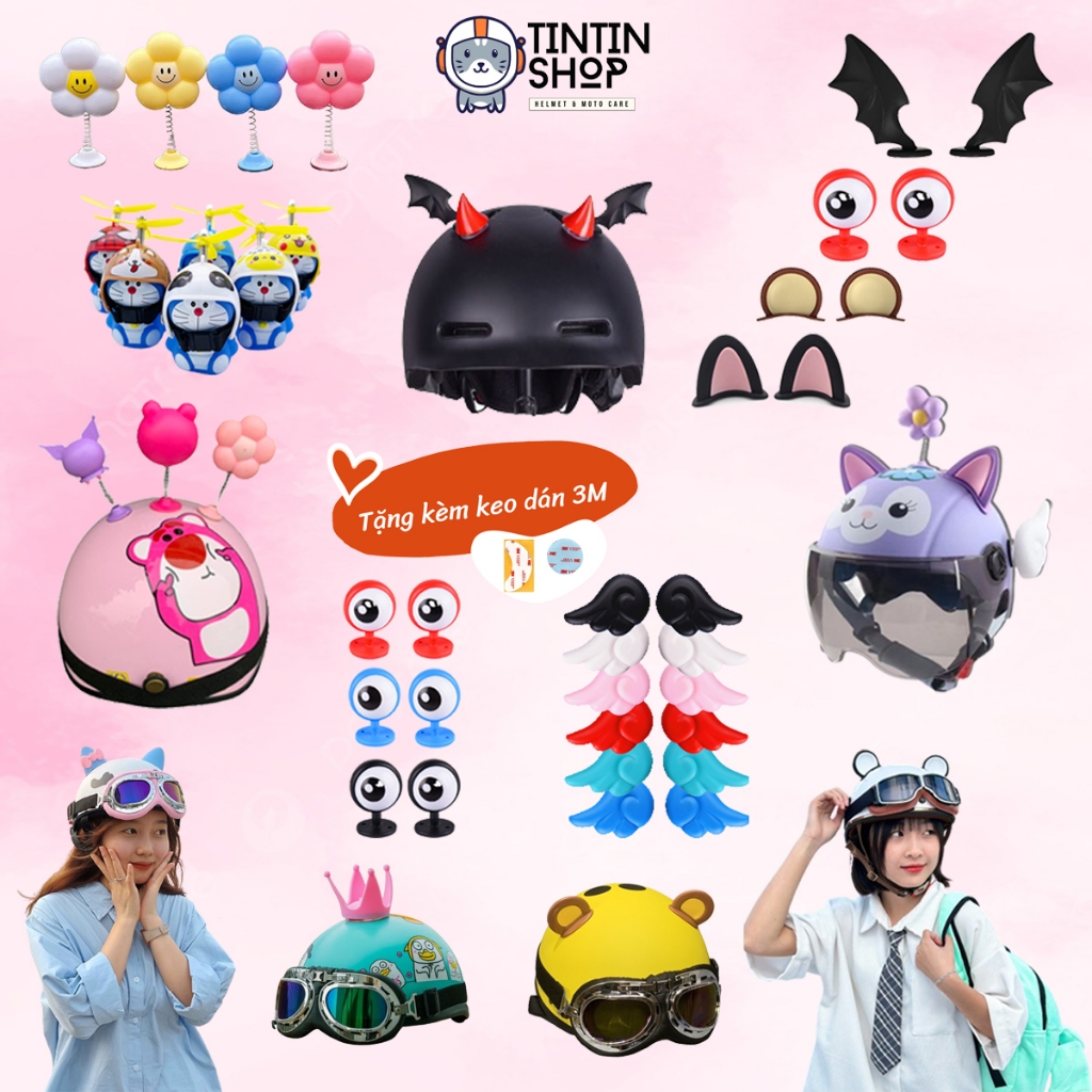 Tai Mèo Gắn Mũ Bảo Hiểm Nửa Đầu, Tai Gấu, Sừng nhỏ, Mắt ếch, Cánh Dơi, Chong Chóng (Kèm Keo Dán)