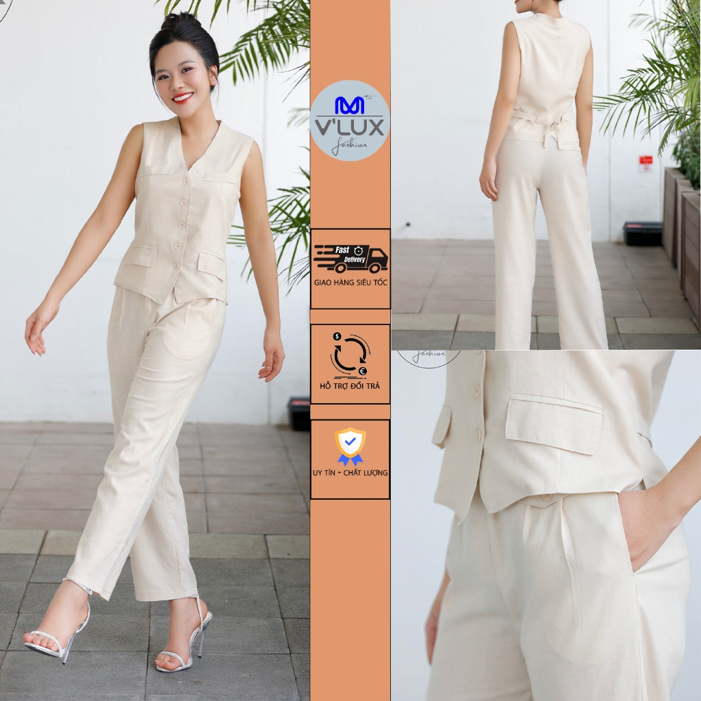 Đồ Bộ Nữ V'LUX Set Bộ LINEN Áo Gile Sát Nách Kèm Quần Dài Suông - Bộ Sát Nách Suông Chất Lụa Linen M
