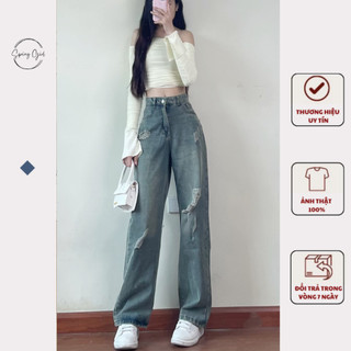 ( Ảnh thật ) Quần jean rách dáng suông dài phong cách cá tính SPRING Quanjeanrach9301/P11K10