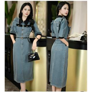 (HÀNG QUẢNG CHÂU CAO CẤP) ĐẦM SƠ MI JEAN - NHÚN BÈO CÁCH ĐIỆU + KÈM BELT ( CC030524520)