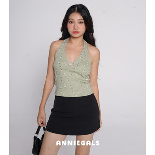 Anniegals - Áo croptop nền hoa cột dây sau cổ - Halter top with lace and ribbon bow