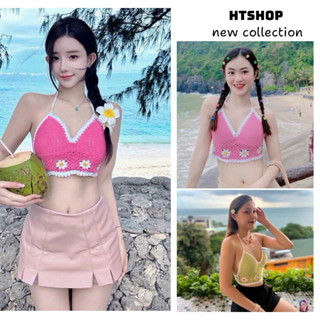 -Áo bikini lẻ, Áo bra len móc bikini đi biển màu sắc nổi bật thêu hoa