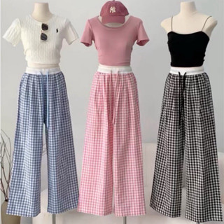 Quần Ống Rộng Kẻ Caro Phối Cạp Trắng Dây Rút Màu Siêu Hot_650