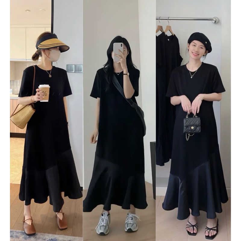 Petbychang - Váy suông đen trơn phối lụa Hàn Quốc, chất liệu Umi cotton có độ co giãn, kiểu dáng basic dễ mặc