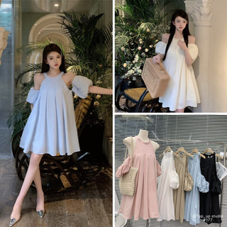  Đầm babydoll rớt vai xếp ly ngực phong cách tiểu thư điệu đà