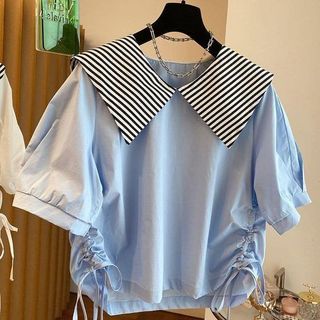 Áo sơ mi kiểu cổ sọc, rút dây eo, chất lụa hàn mát, co giãn nhẹ, form cổ thủy thủ dễ thương thoải mái