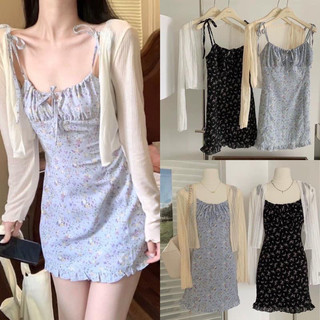 Váy 2 dây hoa nhí rúm ngực cột nơ viền bèo 2 màu siêu xinh
