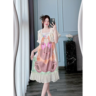 (40 - 65kg) Đầm mặc ngủ mặc nhà LỤA XƯỚC LỤA LATIN MỊN thiết kế cổ vuông tay ngắn phối bèo cho bạn nữ - đầm bầu mặc nhà