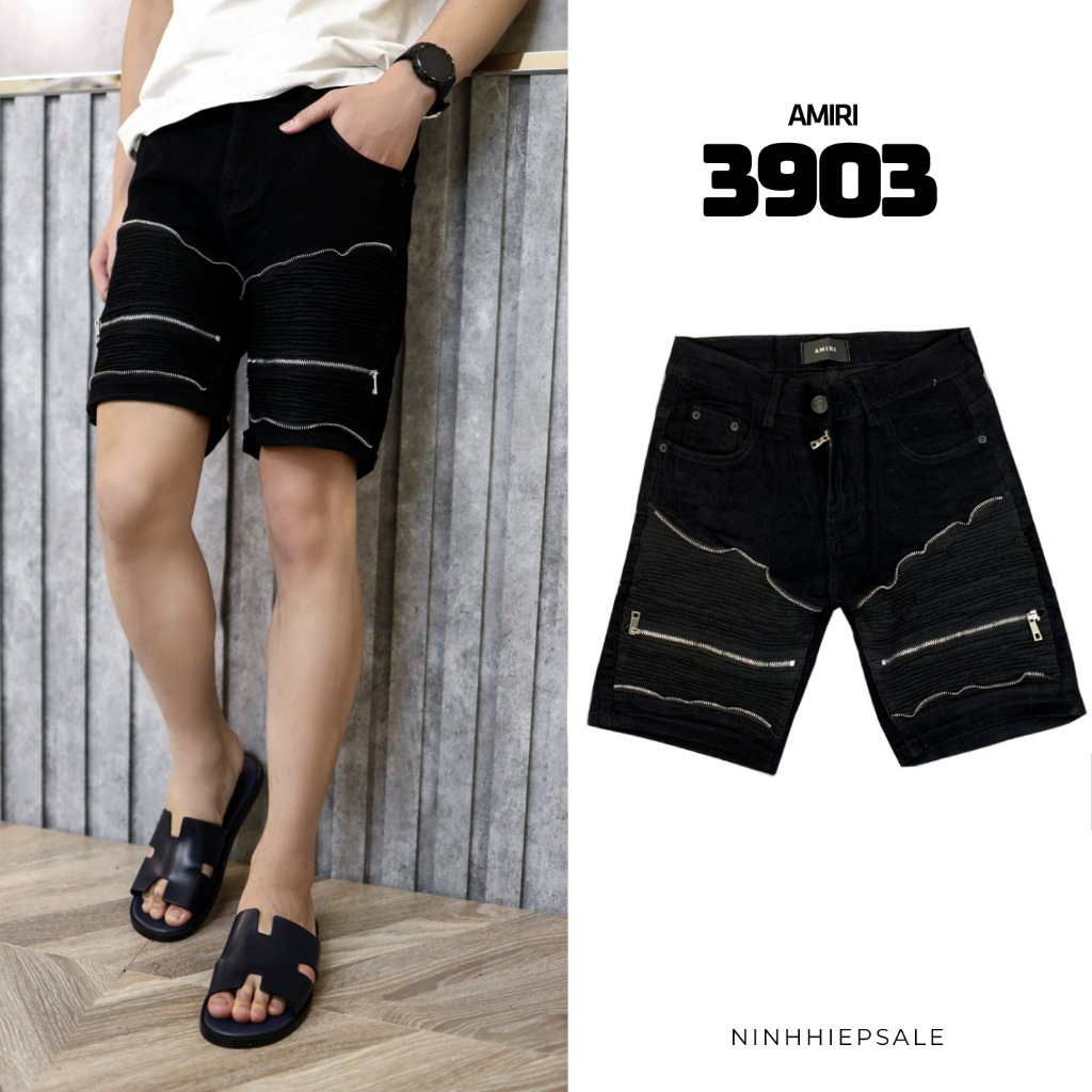 Quần short jeans Amiri đen phối chun đùi kèm khóa kéo ngang chất co dãn hàng Quảng Châu, quần sooc bò nam đen Amiri 3903