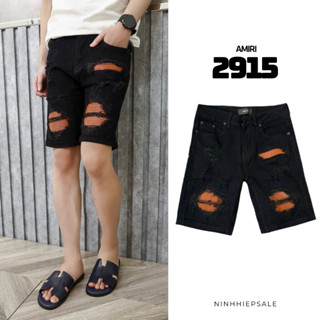  Quần short nam Amiri đen vá da mềm chất vải co dãn quần jean nam Amiri đen boy phố dáng skinny ống ôm co dãn 2915 