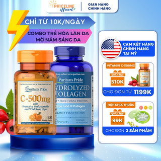 Combo trẻ hoá da, mờ nám, sáng da, tăng đàn hồi da Collagen thuỷ phân Hydrolyzed Collagen & Vitamin C Puritan's Pride
