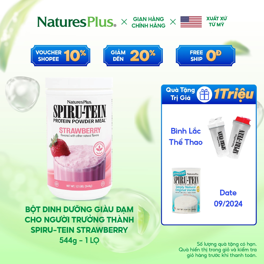 Bột Protein Thực Vật NaturesPlus Spiru Tein Đạm Thực Vật Giàu Dinh Dưỡng 100% Organic 544g