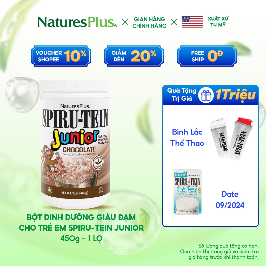 Bột Protein Thực Vật NaturesPlus Spiru Tein Junior Đạm Thực Vật Giàu Dinh Dưỡng Dành Cho Trẻ Em Vị Chocolate 450g