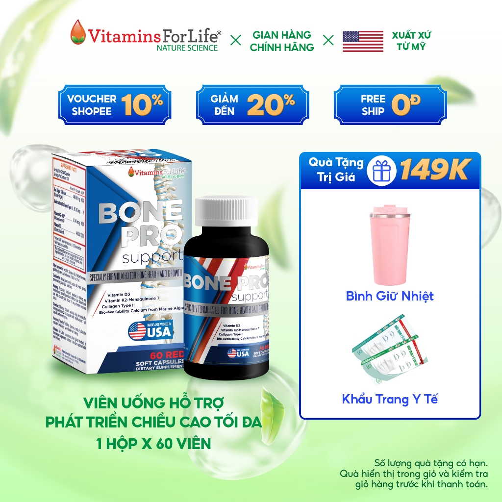 Viên Uống Bổ Sung Canxi Hữu Cơ BONE PRO SUPPORT - Giúp Xương Chắc Khoẻ, Phòng Chống Loãng Xương