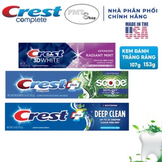 (NK Mỹ) Kem đánh răng Crest 3D White Advanced Whitening Radiant Mint 107g / Plus Complete Deep Clean Scope Outlast 153g