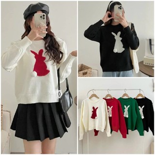 Áo Sweater Len Nữ Hoạ Tiết Thỏ Noel, Giáng Sinh,Tết Dài Tay Cổ Tròn Chất Len Mềm Mịn, Labibi