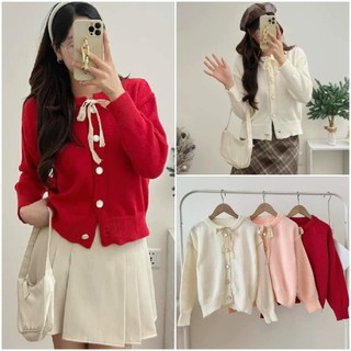 Áo Khoác Len Thắt Nơ Ren Tiểu Thư Cổ Tròn Dài Tay Chất Len Mềm Mịn, Labibi