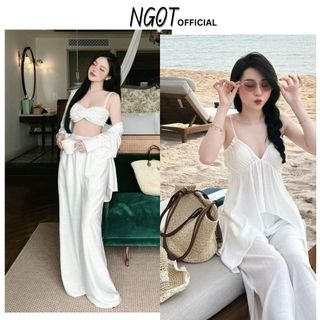 Sét đồ nữ đi biển 3 chi tiết ngọt official, sét bộ 3 món áo ngực hoa phối ren 2 dây kèm quần đũi lụa, áo khoác sơ mi thô