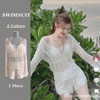 Honniehouse-Set bikini len sợi đi biển 3 món áo bra lượn sóng mix quần sooc ren cạp chun kèm áo choàng cổ tim đi biển