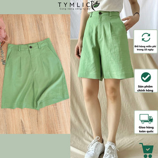 Quần short gối cạp bán chun dáng basic chất linen màu xanh q424 tymlic
