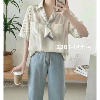 Áo sơ mi kẻ cộc tay kèm khăn lụa hàng QC