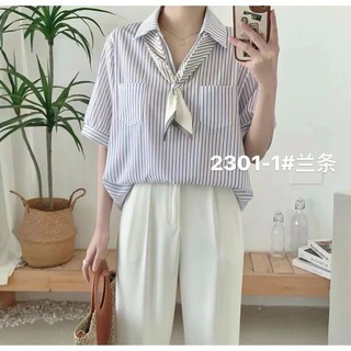 Áo sơ mi kẻ cộc tay kèm khăn lụa hàng QC