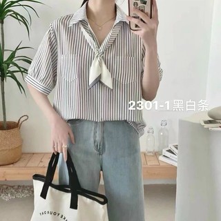 Áo sơ mi kẻ cộc tay kèm khăn lụa hàng QC