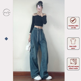 Quần jeans túi hộp unisex ống rộng chun lưng spring 9899/p0k42