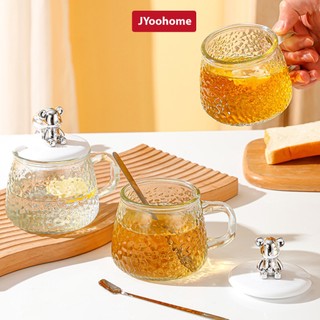 Cốc nước thuỷ tinh trong suốt JYoohome kèm nắp gấu sang trọng, Ly nước thuỷ tinh giữ nhiệt cao cấp