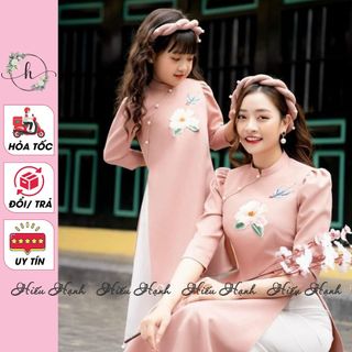 [Giao hỏa tốc] Áo dài mẹ và bé gái màu hồng chất lụa chéo mềm mịn thêu hoa hồng trên ngực  - Áo dài Hiếu Hạnh