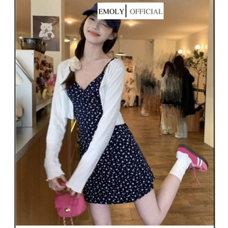 Set váy hai dây họa tiết hoa nhí kèm áo khoác, đầm cổ tim dáng ngắn kèm áo khoác cardigan mỏng dài tay