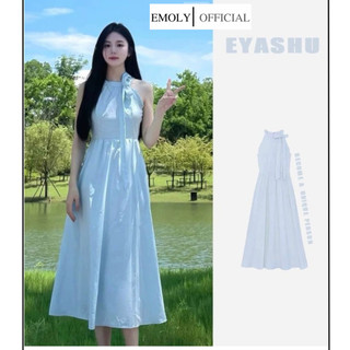 Đầm cổ yếm, váy maxi dáng dài màu xanh dương phối dây thắt nơ xinh xắn, đầm không tay đi biển mùa hè