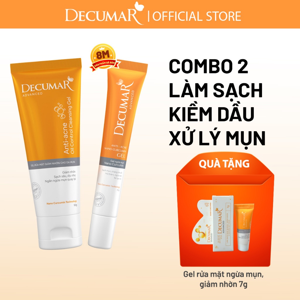 Bộ đôi 1 Gel ngừa mụn Nano Curcumin và 1 Gel rửa mặt giảm nhờn cho da mụn Decumar - DGR01, DGC01