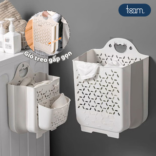 Giỏ đựng quần áo nhà tắm TOAM thiết kế tay cầm treo tường có thể gấp gọn chất liệu nhựa dẻo TPR kèm miếng dán