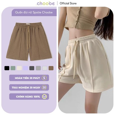 Quần đùi nữ Spotie Choobe cạp chun lưng thun có dây rút vải cotton phối sọc gân khoẻ khoắn kiểu dáng lửng thể thao QS25