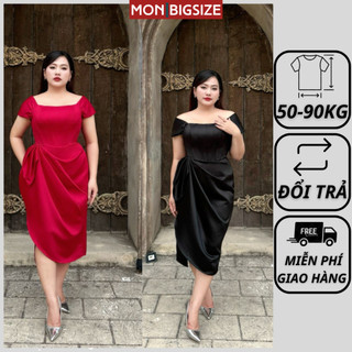 Váy bigsize nữ đầm dự tiệc đi chơi kiểu trễ vai ly eo kèm giọng định hình vải tafta cao câp MON big size 50 - 90kg