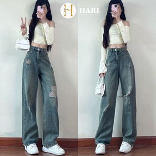 Quần jean rách dáng suông dài Hari phong cách cá tính 9301 P11K10