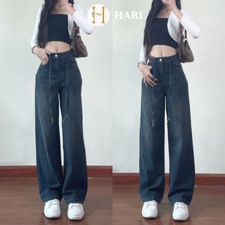 Quần jeans ống suông rộng Hari phối dây rút màu retro 9062 P5K9