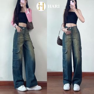 Quần jean nữ Hari ống rộng túi hộp phong cách retro 7132 P0K48