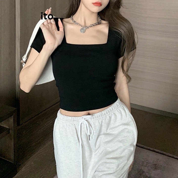 Áo Thun Nữ Cổ Vuông Cộc Tay Chất Cotton Co Giãn, Màu Đen Trắng Thời Trang Basic MA665 | BigBuy360 - bigbuy360.vn