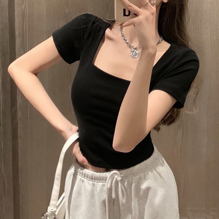 Áo Thun Nữ Cổ Vuông Cộc Tay Chất Cotton Co Giãn, Màu Đen Trắng Thời Trang Basic MA665 | BigBuy360 - bigbuy360.vn