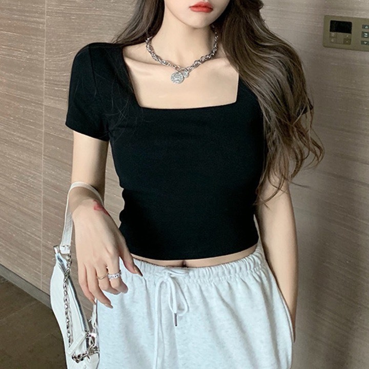 Áo Thun Nữ Cổ Vuông Cộc Tay Chất Cotton Co Giãn, Màu Đen Trắng Thời Trang Basic MA665 | BigBuy360 - bigbuy360.vn