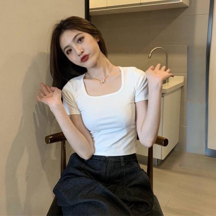 Áo Thun Nữ Cổ Vuông Cộc Tay Chất Cotton Co Giãn, Màu Đen Trắng Thời Trang Basic MA665 | BigBuy360 - bigbuy360.vn