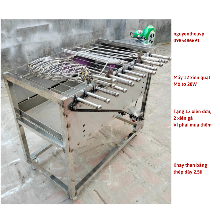 Máy nướng thịt chả mini Bếp nướng than hoa lò quay gà vịt mô tơ tự động 12 xiên (tặng 12 xiên đơn và 2 xiên 3 bằng inox)
