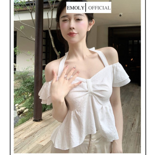 Áo nữ trễ vai, cổ yếm, áo phối tay cánh tiên bèo nhẹ nhàng, Áo croptop điệu đà phối chân váy