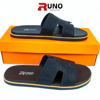 Dép da nam đẹp công sở cao cấp ,dép chữ (H) quai ngang da sần mềm màu đen đế cao su phối hai màu đủ size 38-43 RUNO D1