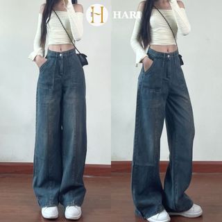 Quần jean ống rộng Hari lưng cao màu xanh gân trước  9589 P13K27