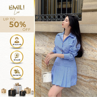 Set áo cổ bẻ kẻ sọc Emili phối chân váy xòe tennis phong cách Hàn Quốc 