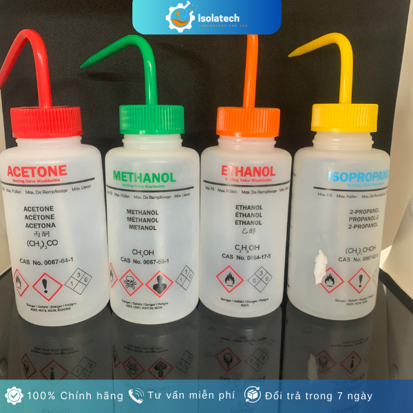 Bình tia nhựa miệng rộng nhãn ACETONE, ETHANOL, METHANOL, ISOPROPHANOL dung tích 500mL